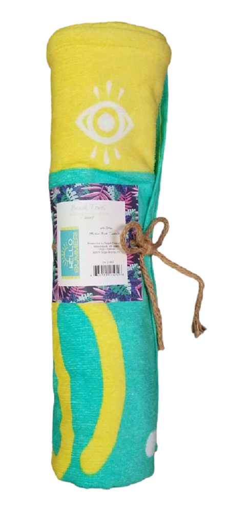 TARGET BRAND Sea Green and Yellow Beach Towel Hello Summer 28 X 58 Inches