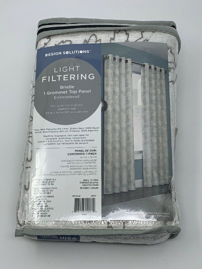 DESIGN SOLUTIONS Brielle Embroidery 84Inch Grommet Top Window Curtain Panel in Gray