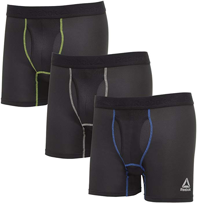 REEBOK Performance Boxer Brief 3 Pack, Black With Contrast Stitching Green, Grey, Blue, S