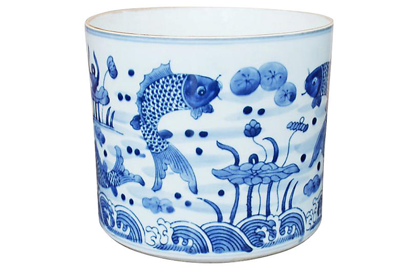 8 Inch Feeding Fish Planter, Blue/White