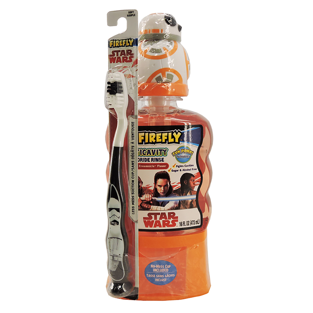 Firefly Star Wars Orange Creamsicle Flavor Anticavity Fluoride Rinse with Toothbrush 16 fl. oz