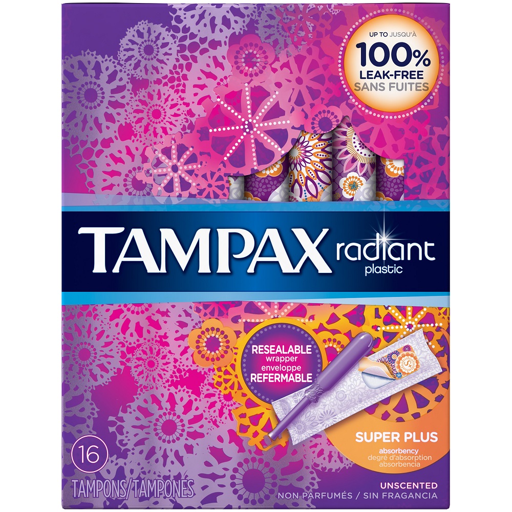 Tampax Radiant Super Plus Plastic Tampons, Unscented, 16 Count